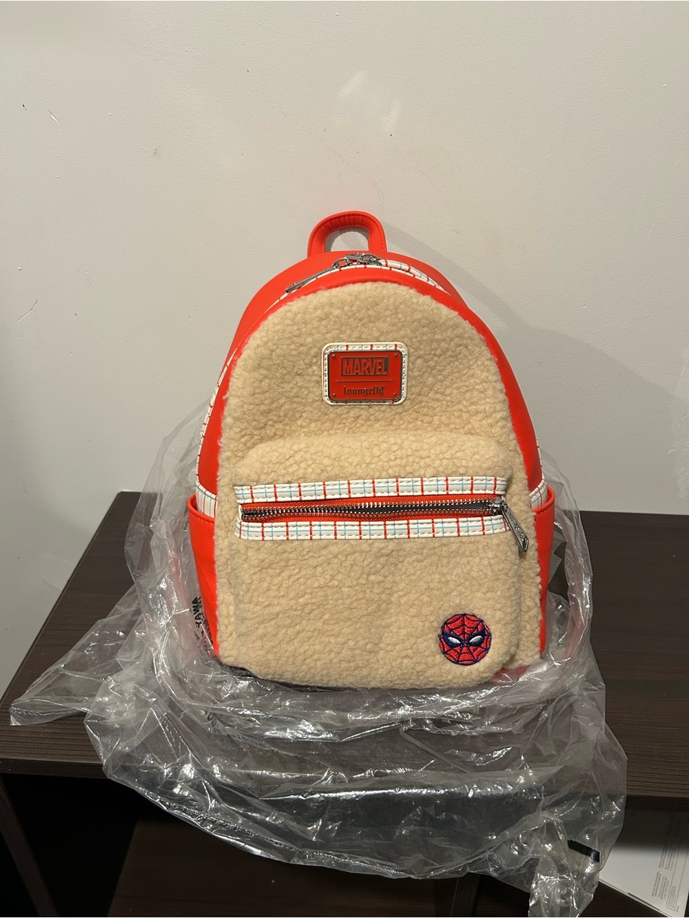 Disney Parks Loungefly Marvel Orange and Cream Sherpa Spider-Man Mini Backpack